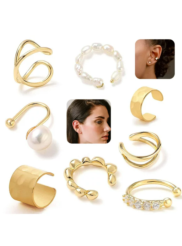 EIMELI 8 Pcs Ear Cuffs for Non-Pierced Ears Gold Ear Cuff Earrings for Women Cartilage Hoop Clip On Hypoallergenic Huggie Earrings Fake Nose Ring Jewelry Gifts