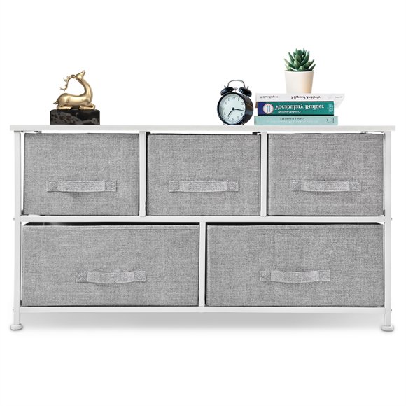 Bigroof Dresser Storage Organizer, Fabric Drawers Closet Shelves for Bedroom Bathroom Laundry Steel Frame Wood Top with Fabric Bins for Clothing Blankets Plush Toy (Light Gray-5 Drawers White Top)