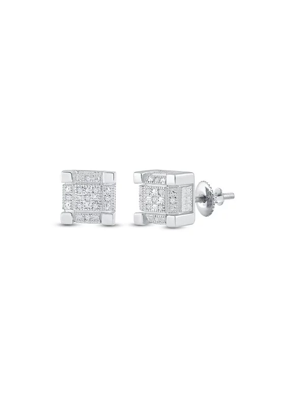 Golden Star Sterling Silver Mens Round Diamond 3D Cube Square Earrings 1/20 Cttw
