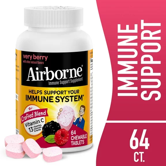 Airborne Very Berry Chewable Tablets, 64 count - 1000mg of Vitamin C - Immune Support Supplement (Packaging May Vary)
