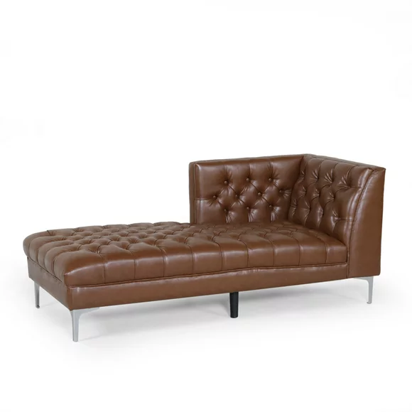 Noble House Conneaut Indoor Tufted Faux Leather Chaise Lounge, Cognac Brown