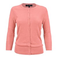 YEMAK Women's 3/4 Sleeve Crewneck Button Down Knit Cardigan Sweater CO079-PNK-3X