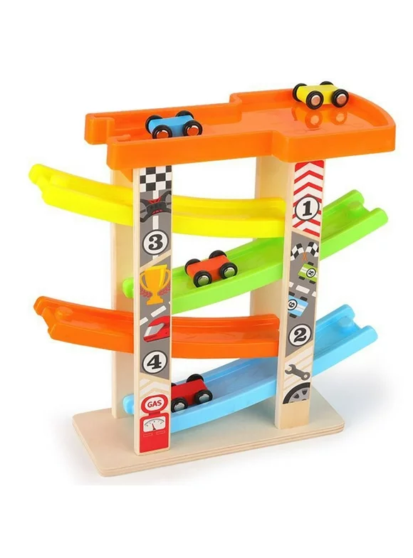 Wooden Car Ramps Race - 4 Level Toy Car Ramp Race Track Includes 8 Wooden Toy Cars - My First Baby Toys - Race Car Ramp Toy Set is A Great Gift for Boys and Girls - Original