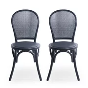 Noble House Ryder Beech Wood, Rattan Dining Chair with Faux Leather Cushion, Set of 2, Black