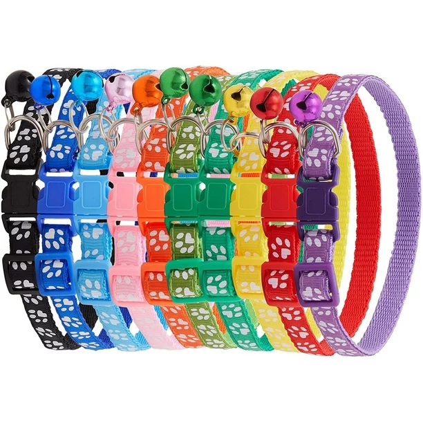 12 Pack Snap Buckle Cat Collars with Bells for Girls & Boys Kitten, Adjustable, Paw Print, 12 Colors