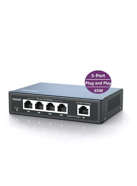 LOOCAM 5-Port Gigabit Ethernet Switch with 4-Port 10/100/1000Mbps POE Network Switch (-Plug and Play)