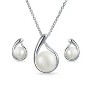 Wedding Simple White Freshwater Cultured Pearl Teardrop Pendant Necklace Stud Earrings Bridal Jewelry Set for Women .925 Sterling Silver