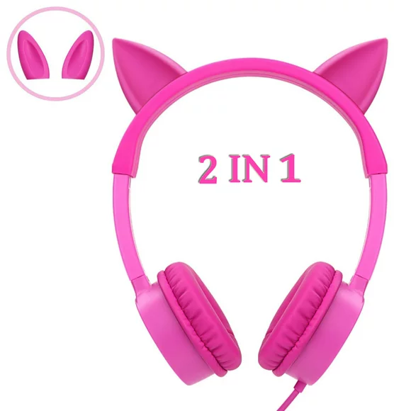 Kids Headphones,2 in 1 Cat/Bunny Ear Headphones On-Ear Headphones Volume Limited Headsets Best Gift for Kids, Girls, Children (Pink)