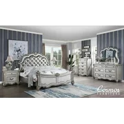 Silver Finish Wood Queen Panel Bed Set 6Pc Transitional Cosmos Furniture Melrose