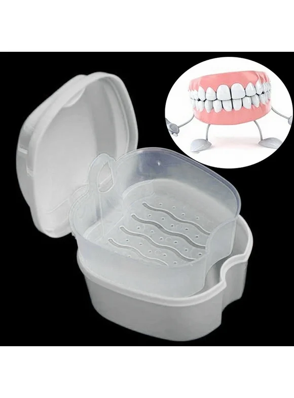 Gobestart Denture Bath Box Case Dental False Teeth Storage Box with Hanging Net Container