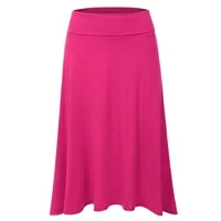 Doublju Women's High Waist Elastic Soft Flare Flowy Midi Skirt (Plus Size Available)