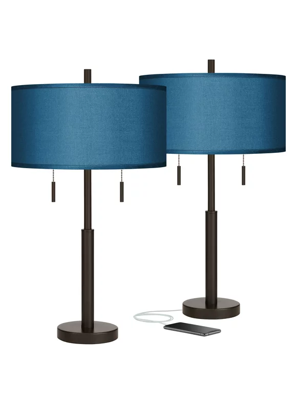 Possini Euro Design Robbie Modern Table Lamps 25 1/2" High Set of 2 Bronze with USB Charging Port Blue Faux Silk Drum Shade for Bedroom Office Desk