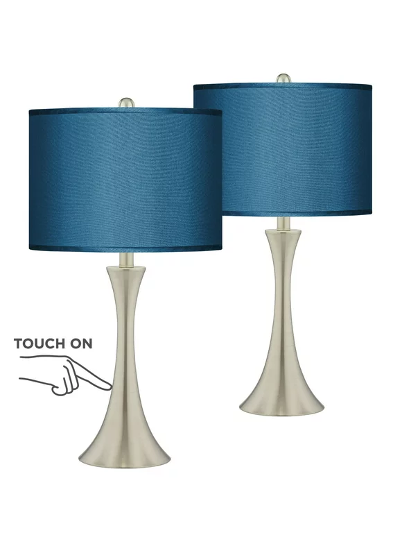 Possini Euro Design Table Lamps 24" High Set of 2 Brushed Nickel LED Touch On Off Blue Faux Silk Drum Shade for Bedroom Living Room House Home Bedside