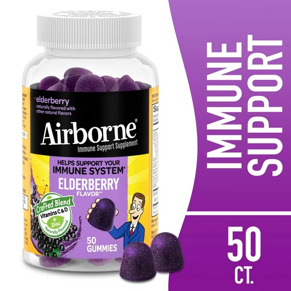 Airborne Elderberry   Zinc & Vitamin C Gummies For Adults, Immune Support Vitamin D & Zinc Gummies with Powerful Antioxidant Vitamins C D & E - 50 Gummies, Elderberry Flavor