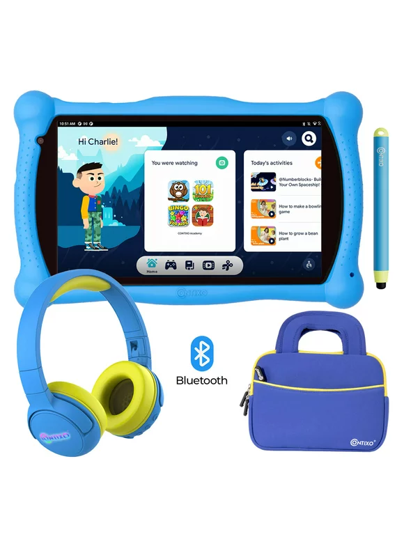 Contixo 7 inch Kids Learning Tablet Bundle - 32GB Storage, Bluetooth, Android, Dual Cameras, Parental Control, Kids Bluetooth Headphone & Tablet Bag - Blue