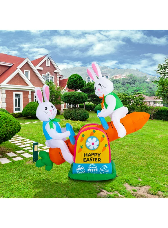 Easter Inflatable Bunny with LED Lights Easter Decorations Blue Rabbit with Carrot Seesaw for Indoor Outdoor Garden, Party, Yard, Lawn Decor