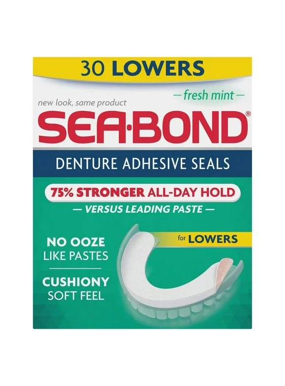 Sea Bond Secure Denture Adhesive Seals, For an All Day Strong Hold, 30 Fresh Mint Flavor Seals for Lower Dentures