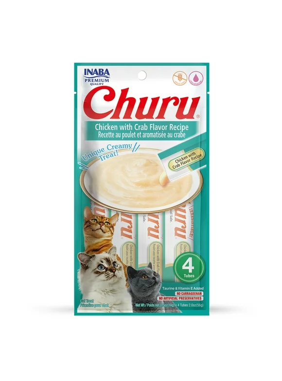INABA Churu Creamy, Lickable Pure Cat Treat w Taurine, 0.5 oz, 4 Tubes, Chicken with Crab Recipe