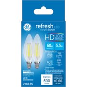 GE LED 5.5W (60W Equivalent) HD Refresh Daylight Decorative Blunt Tip, Small Base, Dimmable, 2pk Light Bulbs