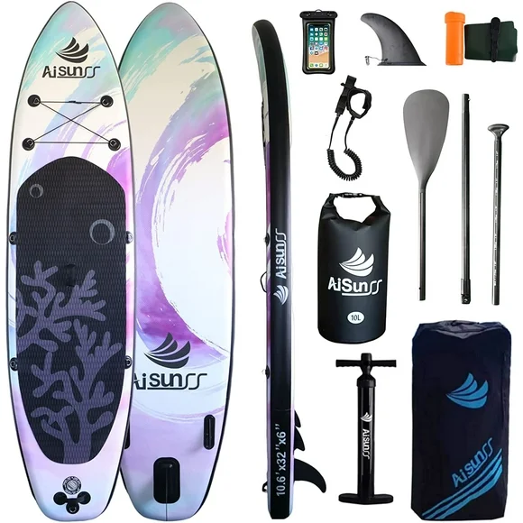 AISUNSS Inflatable Stand Up Paddle Board for Ladies Ultra-Stability 10.6/11', Paddleboard for All Skill Level, Premium SUP with Accessories , Fins, Adjustable Paddle, Pump, Backpack, Leash