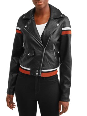 Celsius Women's Faux Leather Jacket with Varsity Stripes