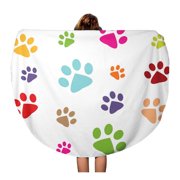 KDAGR 60 inch Round Beach Towel Blanket Dog Colored Pattern Paw Pet Cat Cartoon Color White Travel Circle Circular Towels Mat Tapestry Beach Throw