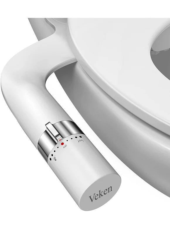 Veken  Ultra-Slim Water Non-Electric Dual Nozzle (Feminine/Posterior Wash) Bidet Attachment for Toilet, Silver and White