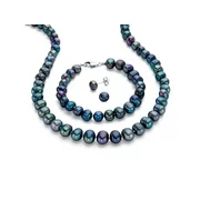 Peacock Blue Genuine Freshwater Cultured Pearl 3-Piece Stud Earring, Strand Necklace and Bracelet Set 18"