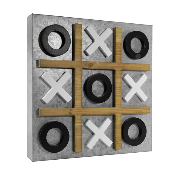 American Art Decor Magnetic Tic Tac Toe Wall and Tabletop Rustic Board Game Set for Family, Kids, Adults, Living Room Coffee Table (15" x 15") - Silver & Brown