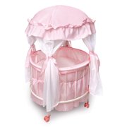 Badger Basket Royal Pavilion Round Doll Crib with Canopy and Bedding - Pink/White - Fits American Girl, My Life As & Most 18" Dolls