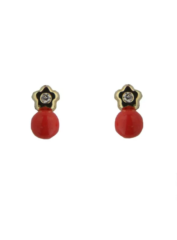 18K Yellow Gold Coral and Diamond Flower covered skewback Earrings