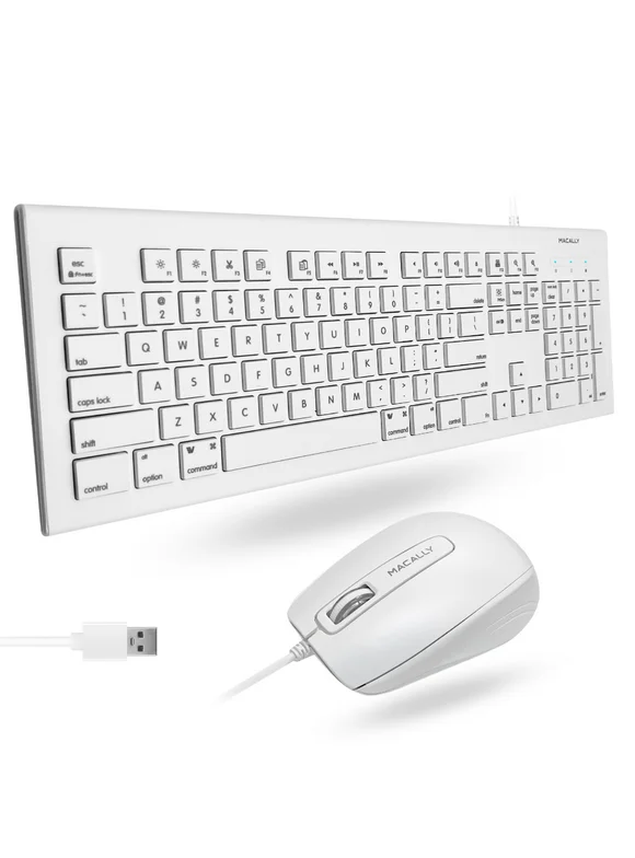 Macally 104 Key USB A Wired Keyboard W/ Apple 15 Shortcut Keys and 3 Button Optical Soft Click Mouse Combo for Mac Windows PC & Chromebook White