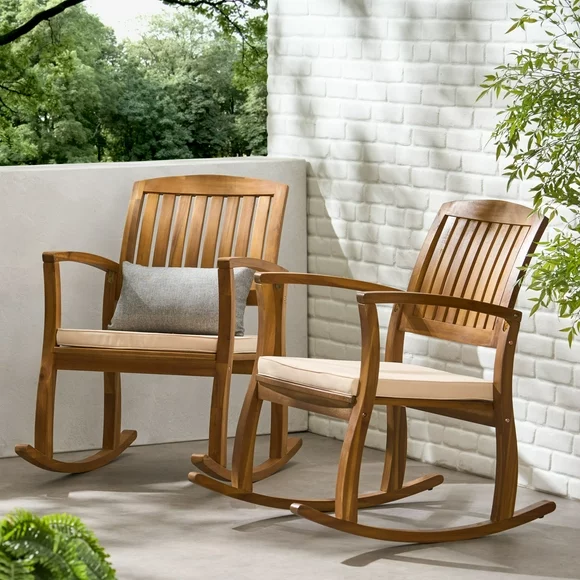 Dewitt Outdoor Acacia Rocking Chair with Cushion, Set of 2, Teak Finish, White