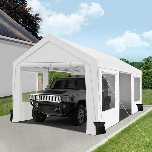 Gartooo Upgraded 10 x 20Ft Heavy Duty Carport, Portable Garage Shelter with with Roll-up Sidewall and Ventilated Windows,Sand Bags, for Truck, Boat, Car(White)