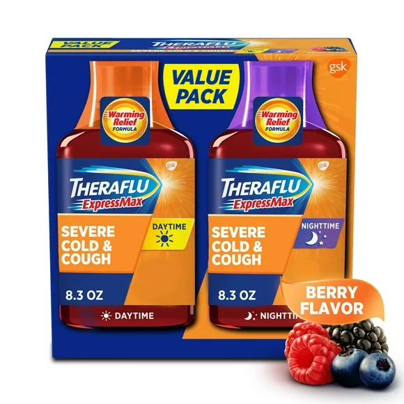 Theraflu Expressmax Day and Nighttime Severe Cold and Cough Syrup, 8.3 Oz, 2 Pack