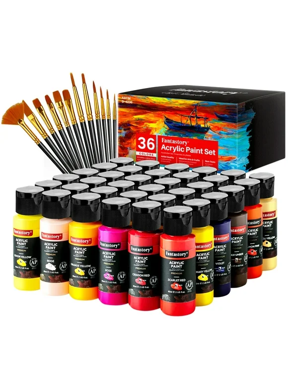 Fantastory Acrylic Paint Set 36 Colors(2oz/60ml) w/ 12 Brushes, Pro Craft Thick Paint Kits.
