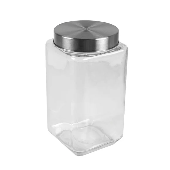 Home Basics 67 oz. Square Glass Canister with Brushed Stainless Steel Screw-on Lid, Clear