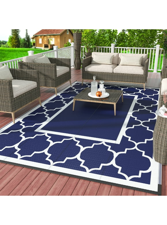GENIMO 6'x9' Outdoor Rug Patio Clearance Straw Plastic Mat Deck Porch Camper Balcony Blue White