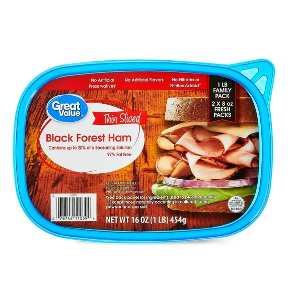 Great Value Thin Sliced Black Forest Ham Lunchmeat, Family Pack, 1lb, Resealable Plastic Tub