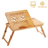 GoolRC Foldable Bamboo Laptop Desk Stand Breakfast Serving Bed Tray Table Height Adjustable with 4 Angles Tilting Top Cooling Fan Drawer for Reading Writing Working Eating