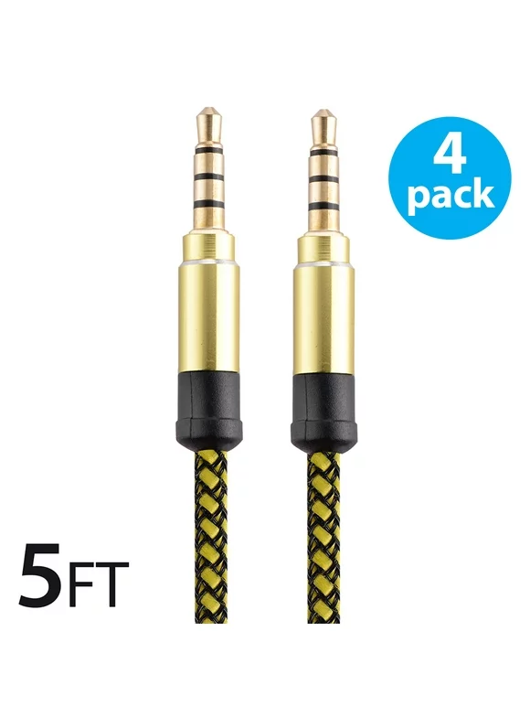 3.5mm Auxiliary AUX Cable Cord M/M Stereo Audio Compatible with iPhone 6/6s, 6/6s Plus, 5/5s/5c Samsung Galaxy S8 S9 S10, iPad, Tablets, Mac, Bluetooth Speaker, Headset, Yellow, UNIVERSAL [4-Pack]