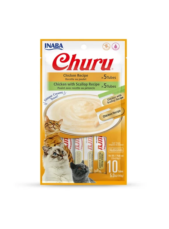 INABA Churu Creamy, Lickable Purée Cat Treat w Taurine, 0.5 oz, 10 Tubes (2 Flavor), Chicken Variety