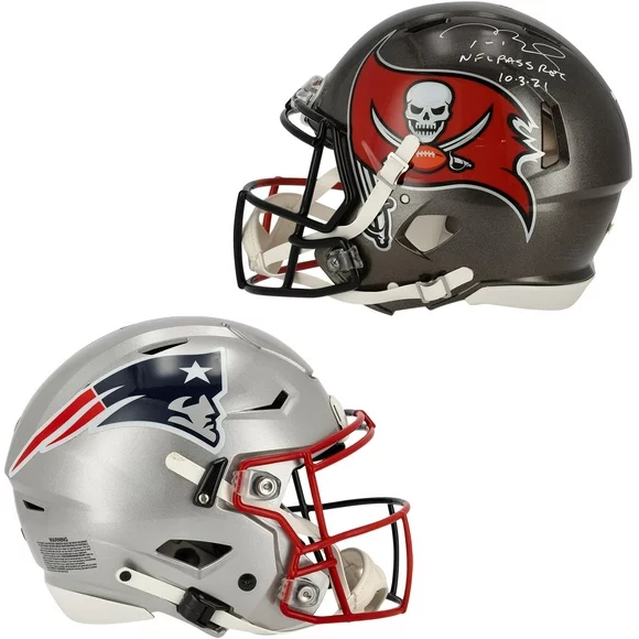 Tom Brady Tampa Bay Buccaneers & New England Patriots Autographed Half & Half Riddell Speed Authentic Helmet with "NFL Pass Rec 10/3/21" Inscription - Signature on Tampa Bay Side - Fanatics Authentic