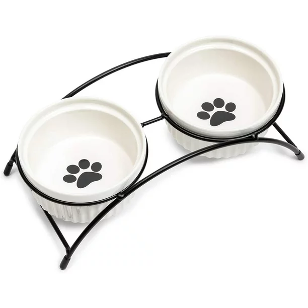 Juvale White Ceramic Cat Dog Bowl Dish Pet Food & Water Feeder with Iron Stand