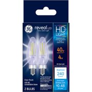 GE Reveal HD+ 4-Watt (40W Equivalent) LED Clear Decorative Light Bulbs, Small Base, Dimmable, 2pk
