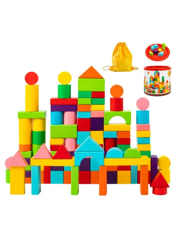 100 Pcs Building Blocks, Wooden Blocks for Toddlers with Storage Bucket, Learning Blocks Educational Preschool Toy Stacking Building Toys for Kids Girls and Boys Gifts