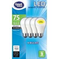 Great Value LED Light Bulb, 12.5 Watts (75W Equivalent) A19 General Purpose E26 Medium Base, Non-dimmable, Daylight, 4-Pack