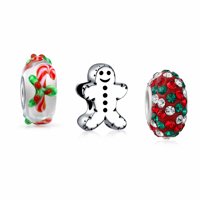 Christmas Holiday Glass Crystal Gingerbread Cookie Candy Cane Mix Bundle Set Of Three 925 Sterling Silver Charm Bead Fits European Charm Bracelet for Women Teens