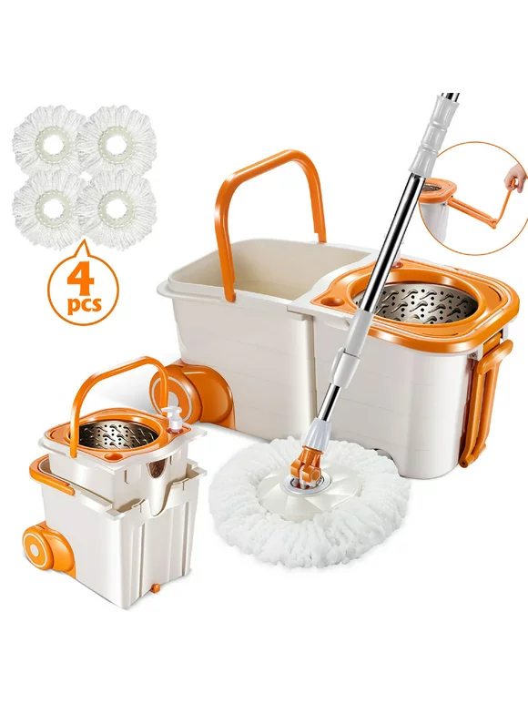 Mastertop Easy Wring Cleaning Floor Spin Mop and Bucket System Set,4 Microfiber Pads