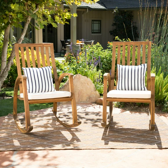 Corbin Outdoor Acacia Wood Rocking Chair with Cushions, Set of 2, Natural Stain, Cream